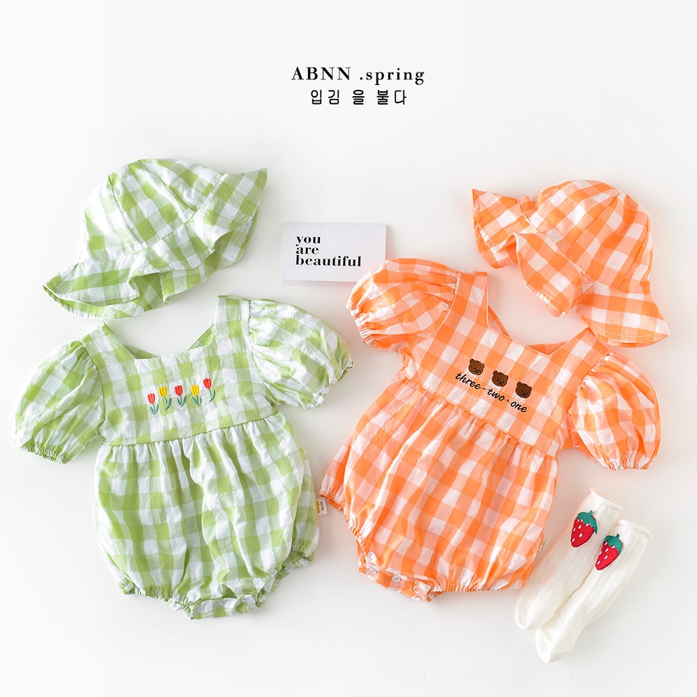 Newborn Baby Girl Clothes Plaid Puff Sleeve Floral Jumpsuit Cute Cartoon Bear Embroidery Cotton Bib With Hat Outfits