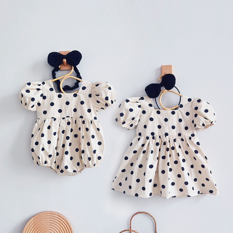 Children's Skirt Summer Clothes Newborn Sister Outfit Jumpsuit Dress Cotton Wave Point Sweet Ins Dots Baby Girl Romper Headband