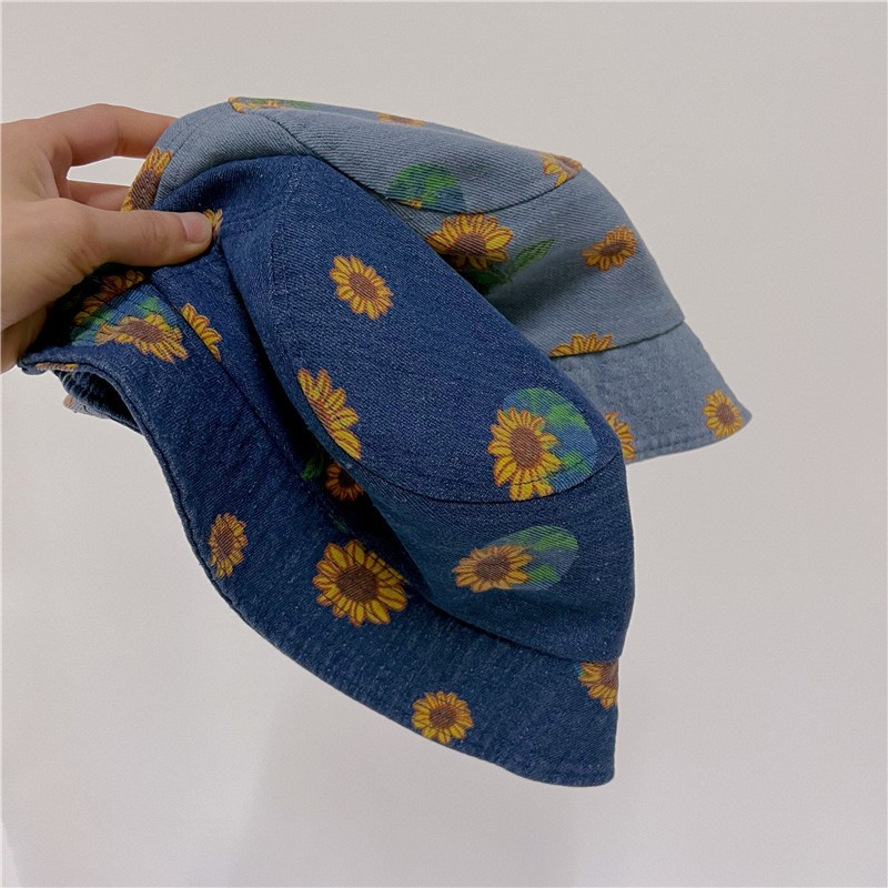 MILANCEL 2022 summer children's denim bucket hat sunflower print large brim hat