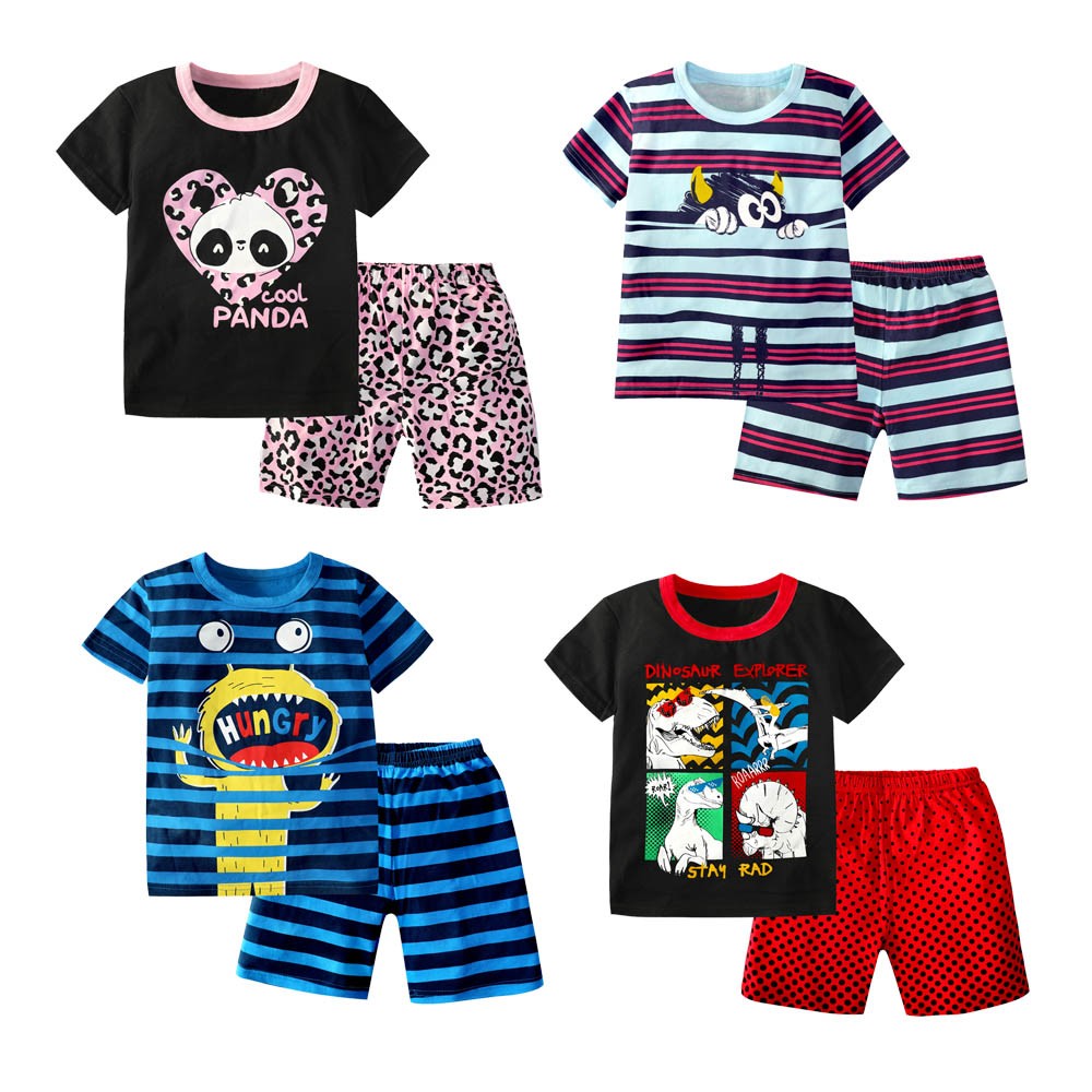 Summer Short Sleeve Cotton Animal Cartoon Dinosaur Unicorn Panda Boys and Girls Clothing Sets Children Pajamas Sets Kids Pajamas