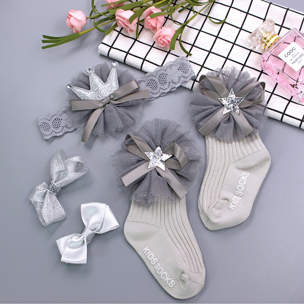 Baby Girl Lace Flower Headband Socks Set Cotton Baby Socks Newborn Socks Anti Slip Floor Socks Elastic Baby Hair Band