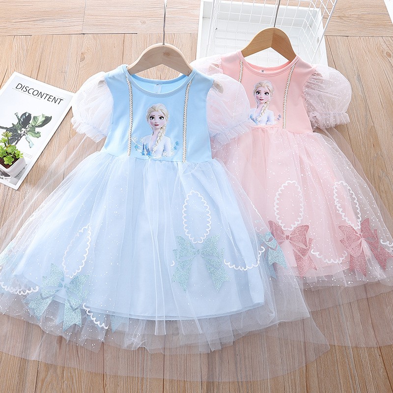 Summer Kids Dresses For Girls Frozen Elsa Lace Mesh Short Sleeve Beautiful Princess Dress Korean Toddler Children Dresses Vestidos