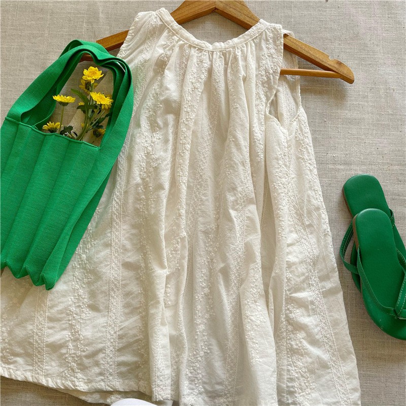 Deer Junmi 2022 Summer Girls Cotton Embroidery Dress Sleeveless Korean Style Dress Toddler Kids Beige Casual Dresses