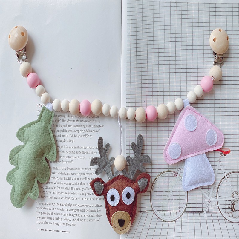 Baby Wooden Toy Stroller Clip Baby Mobile Stroller Plush Bead Pacifier Chain Chew Rattle Baby Wooden Teether Necklace Teething Bead