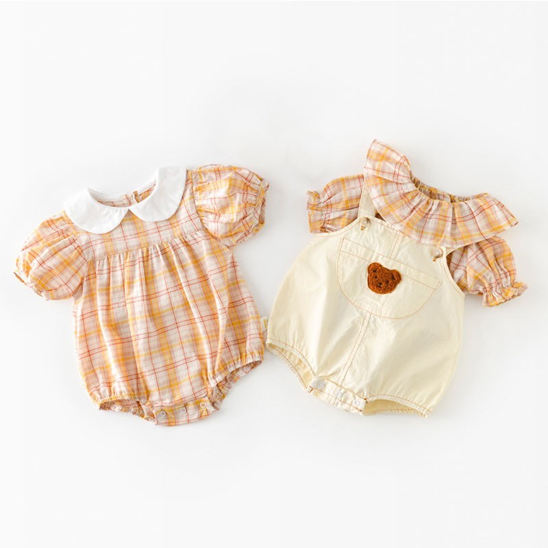 Summer Newborn Baby Shirts Twin Clothes Fashion Plaid Shirts Infant Peter Pan Neck Baby Shirts 0-3 Years