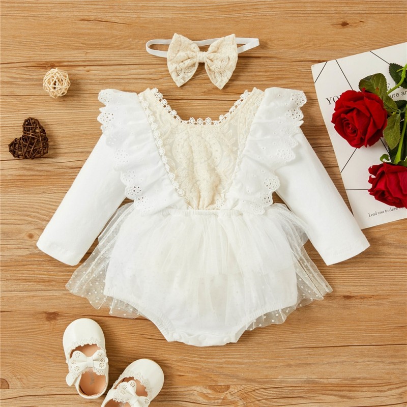 Weixinbuy 2pcs/set Newborn Girl White Solid Color Princess Rompers Kids Baby Girls Lace Long Sleeved Jumpsuit Headband