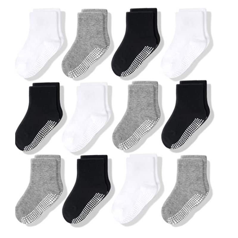 Non-Slip Baby Socks 12 Pairs with Grip for Boys Girls Toddler Infant Kids Anti-Slip Cotton Crew Socks 1-7 Years