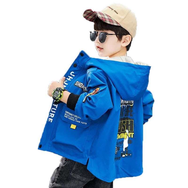 New 2022 polyester spring and autumn jacket for boy fashion Korean version hooded print windbreaker casual cool children's clothing
