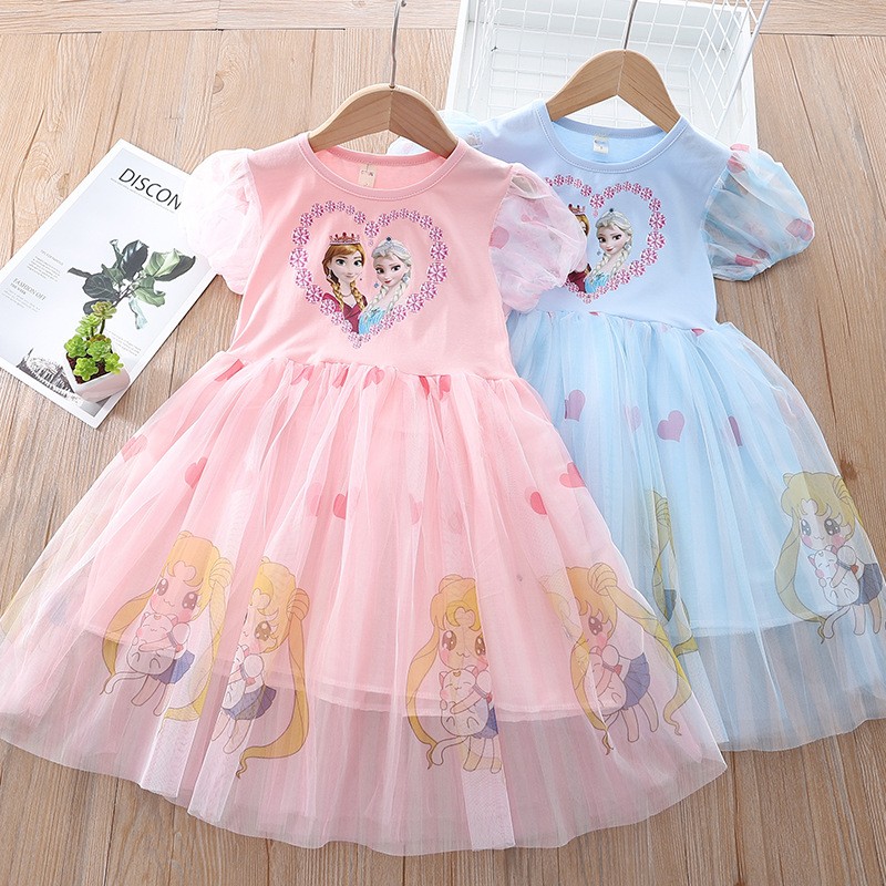 Summer Baby Girls Dresses Christmas Costume Frozen Elsa Anna Girls Cute Korean Mesh Children Clothes Vestidos