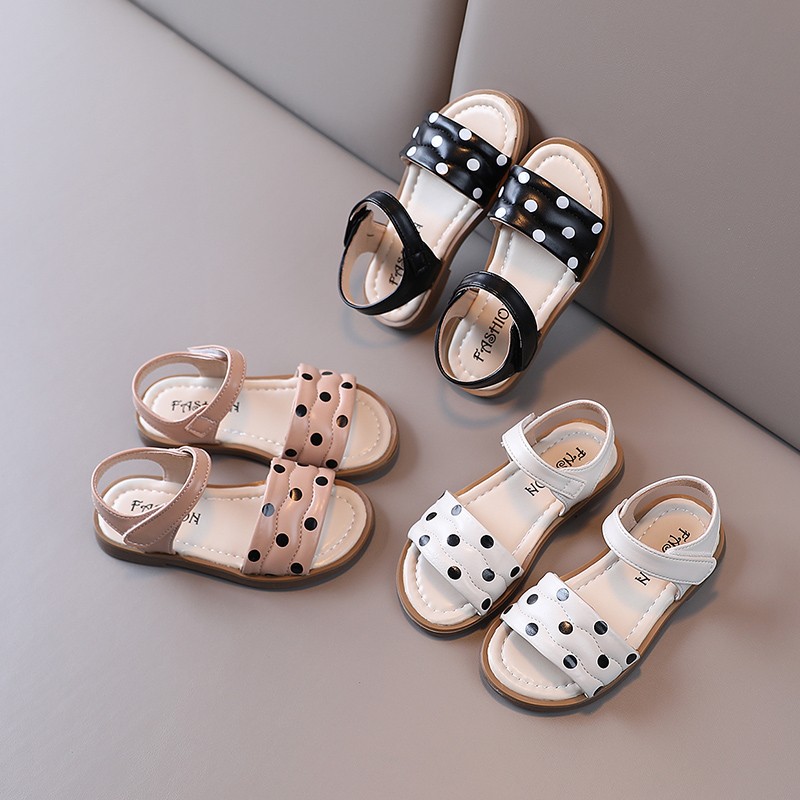 Summer Sandals for Girls Poca Dot Three Colors Breathable Rubber Sole 21-36 Baby Toddler Girl Sliders Soft Leather Kids Flats