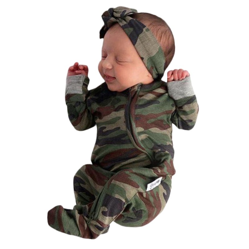 2pcs Infant Toddlers Baby Boys Long Sleeve Camouflage One-Piece Romper + Bow Tie Headband Baby Clothing Fittings 0-9M