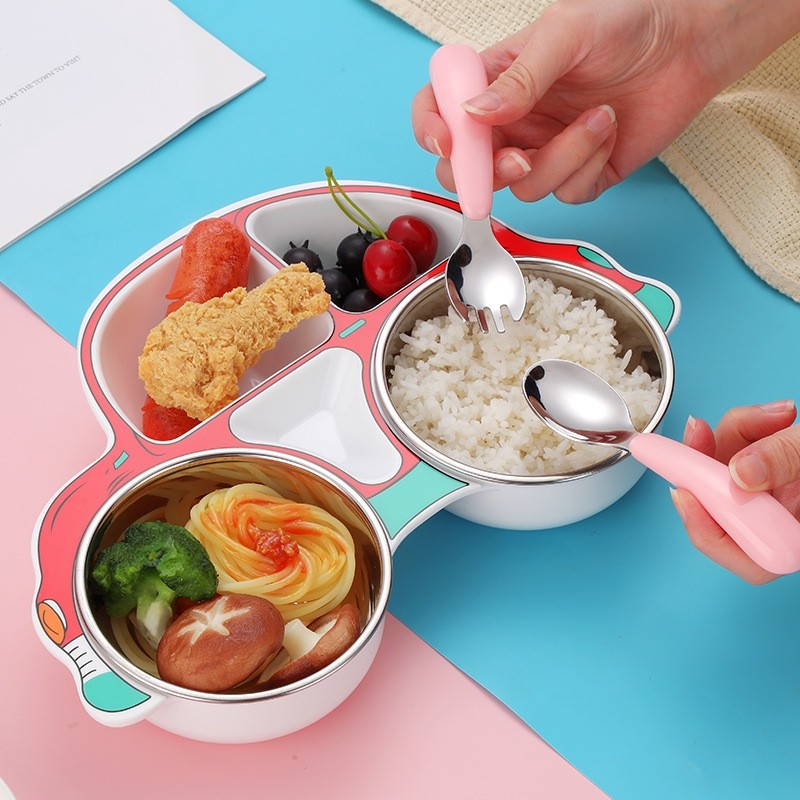 Children's Tableware Set Stainless Steel Dishes Baby Feeding Plate Spoon Fork Cute Cartoon Car Shape Bowl New Arrival