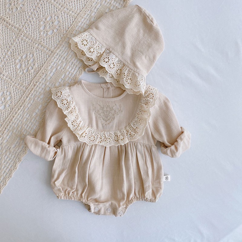 Spring Girls Jumpsuit+Hat Girls Clothes Princess Lace Long Sleeve Clothes Newborn Cotton Clothes 3-24 Months