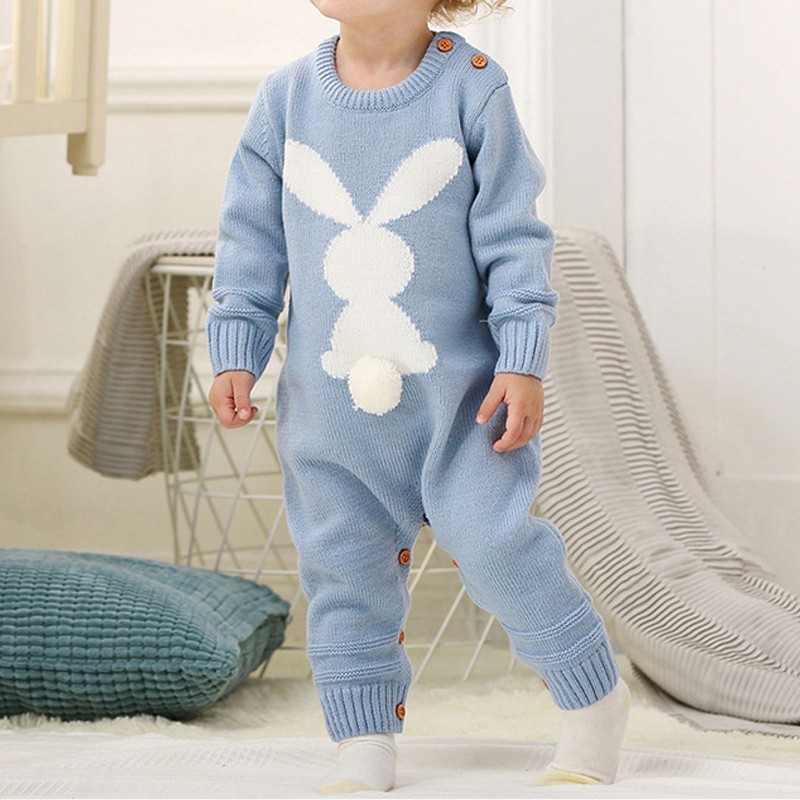 0-24M Newborn Cute Knitted Bunny Tail Patchwork Romper for Baby Boys Girls Weave Long Sleeve Jumpsuit Outfits Clothes