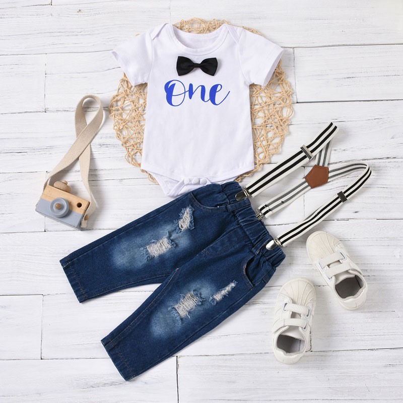 Fashion Baby Boy Summer Clothes Kids Girls Clothes Outfits Cotton Short Sleeve Tops Suspender Jeans Newborn Clothes 3-18 Months