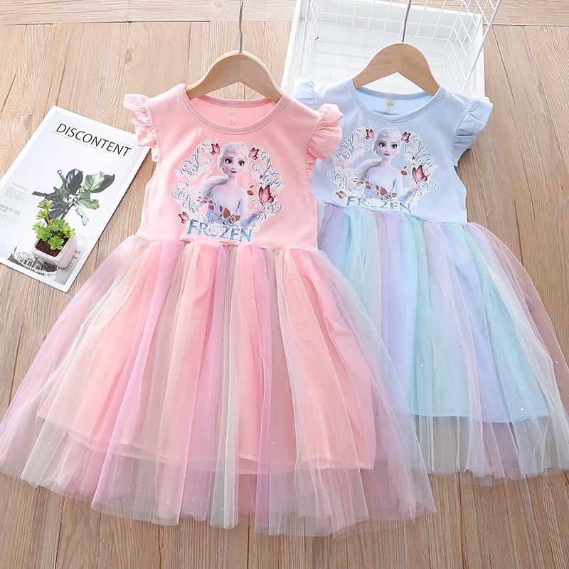 Summer Kids Dresses For Girls Frozen Elsa Princess Mesh Dress Fashion Korean Toddler Children Party Costume For Birthday Clothes