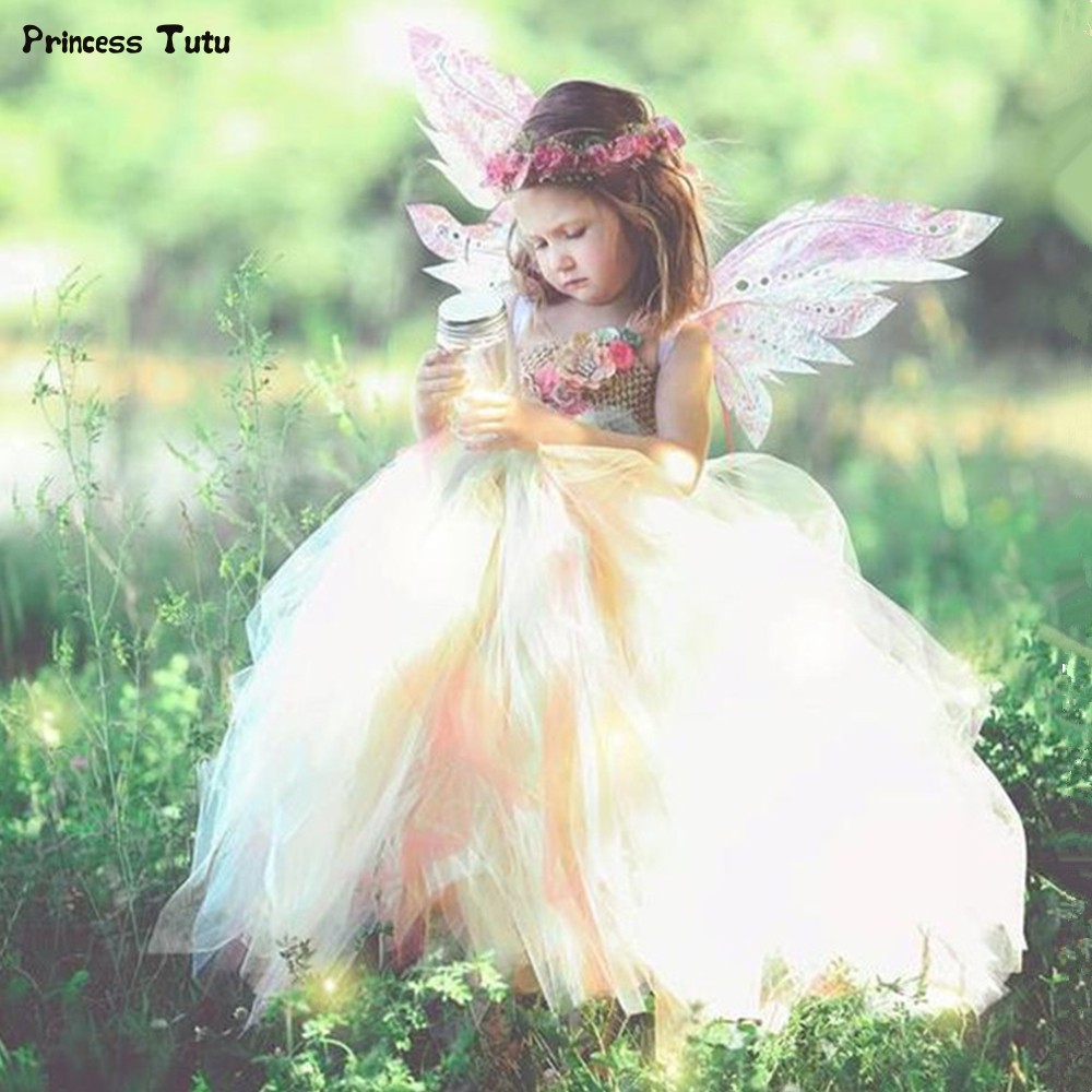 Fairy Tutu Dress with Floral Wreath Fairy Costume Tulle Princess Dress Kids Wedding Party Dresses For Girls 1-14