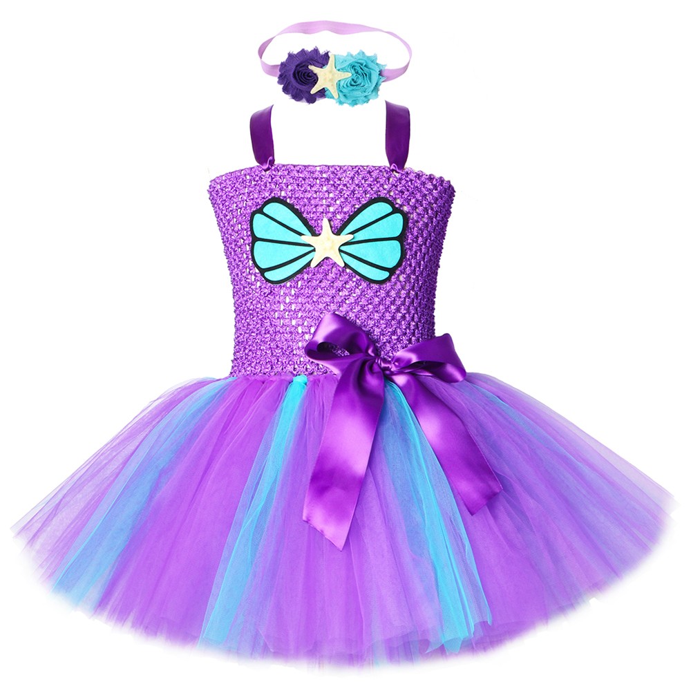 Mermaid Tutu Dress for Girls, with Headband, Birthday Party Dress, Shell, Starfish, Kids Princess Costume