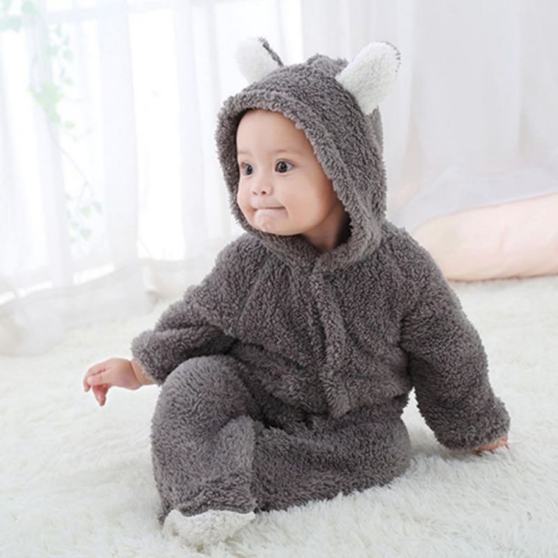 Winter Flannel Baby Boy Cartoon Animal 3D Bear Ear Warm Jumpsuit Newborn Baby Clothes Infant Romper 0-12M