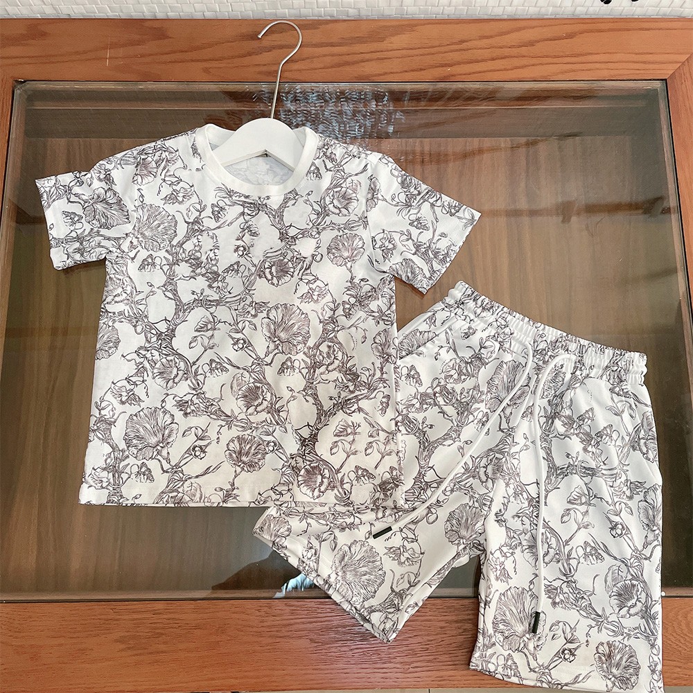 Boys Summer Floral Print Set Cotton Round Neck Short Sleeve T-shirt + Casual Shorts 2pcs Set High Quality