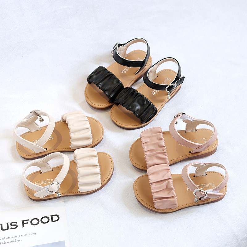 Brand Design Pleated Upper Little Girls Sandals 2022 Summer School Kids Sandals Girls Princess Beautiful Holiday Beach Shoes F03173