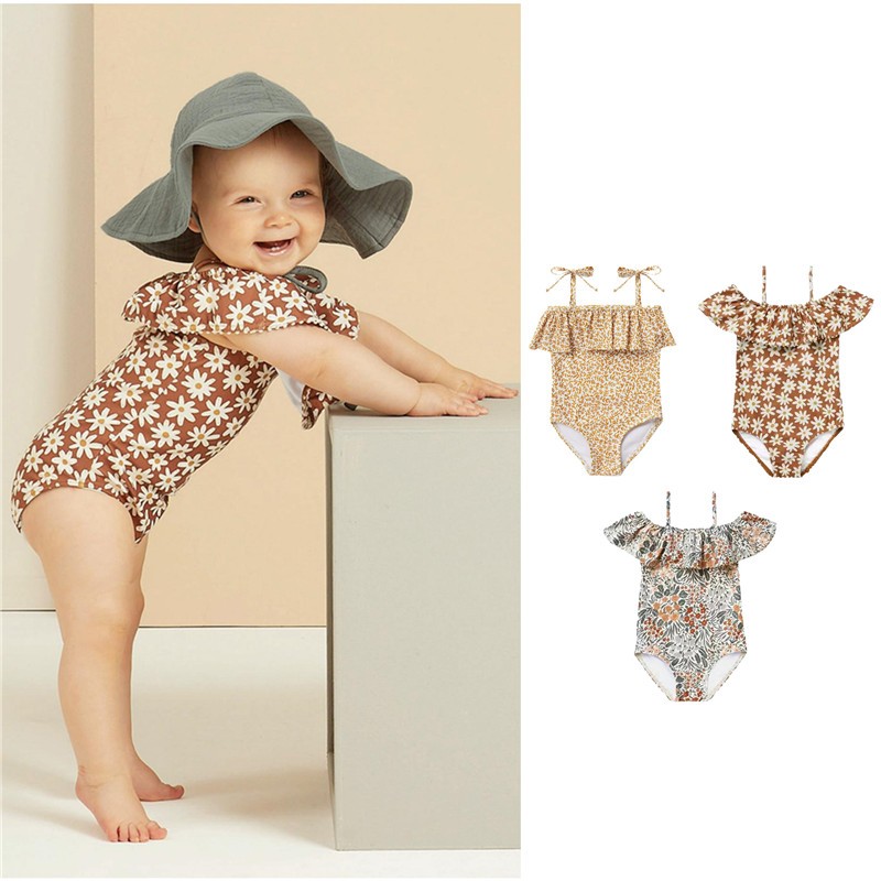 Summer Bikini For Baby Girls Bathing Suit Floral Printing One Piece Ruffled Collar Beach Wear Children Bridge Bikini