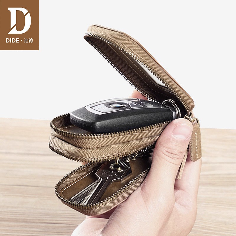 DIDE Vintage Car Genuine Leather Mini Key Bag Coin Purse Wallets Men Women Keys Organizer Keychain Double Zipper Key Cover