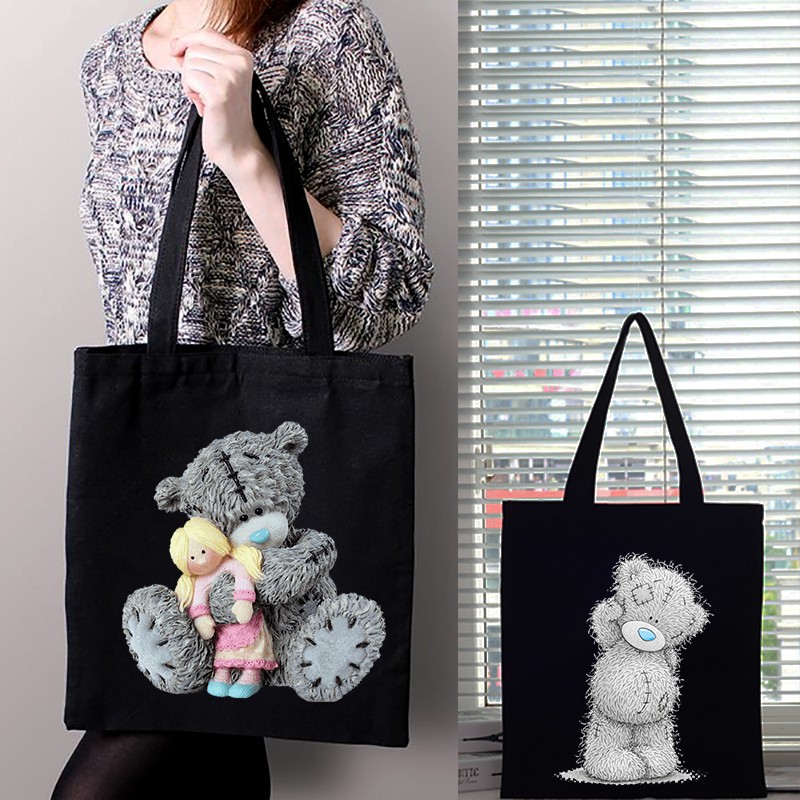 Women Cartoon Anime Bear Shopping Bag Shopper Foldable Reusable Canvas Handbag Harajuku Style Student Bag Canvas Tote Bag Newest