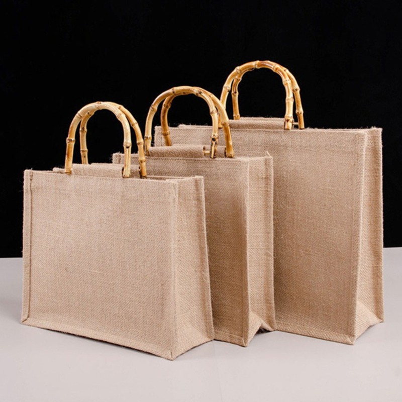 Portable Burlap Shopping Bag Jute Handbag Bamboo Ring Retro Carry Handles DIY Handbag Women Large Size Beach Bag for Girls