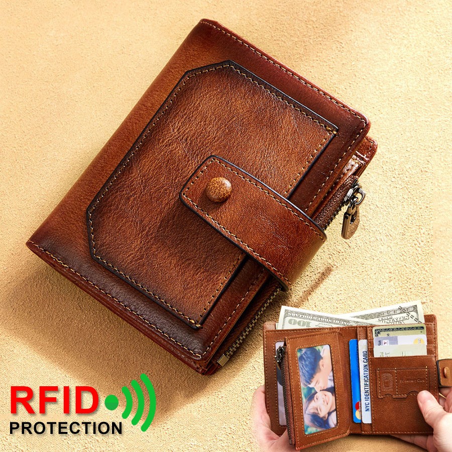 Vintage Men's Genuine Leather Wallet RFID Blocking Trifold Short Multifunction Money Clip Large Capacity Zipper Coin Purse