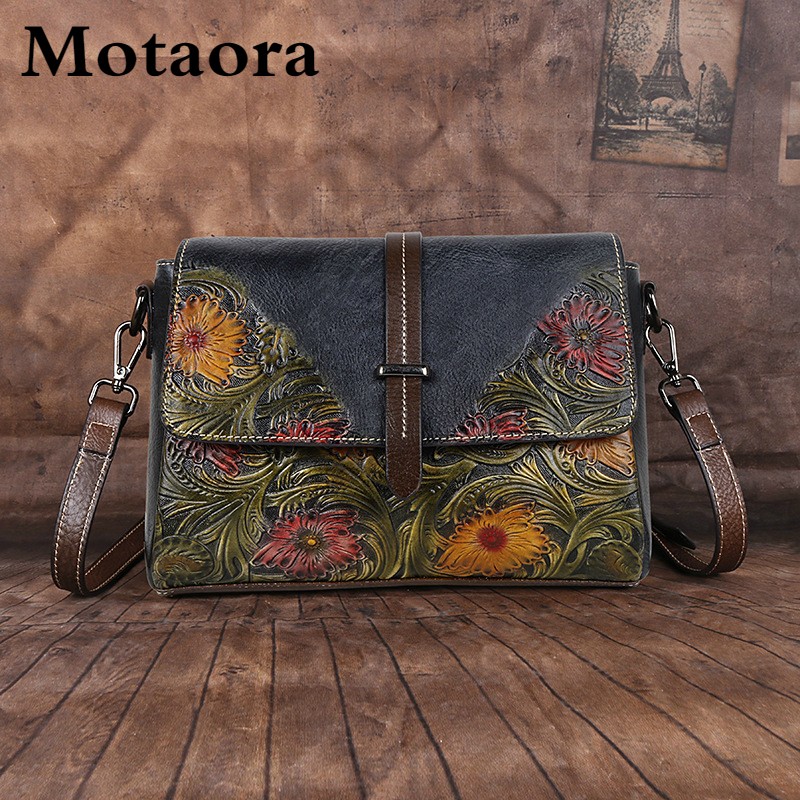 MOTAORA Women's Shoulder Bag Genuine Leather Handbag Female Luxury Handmade Embossed Flap Flap Bag Chinese Style Messenger Bags