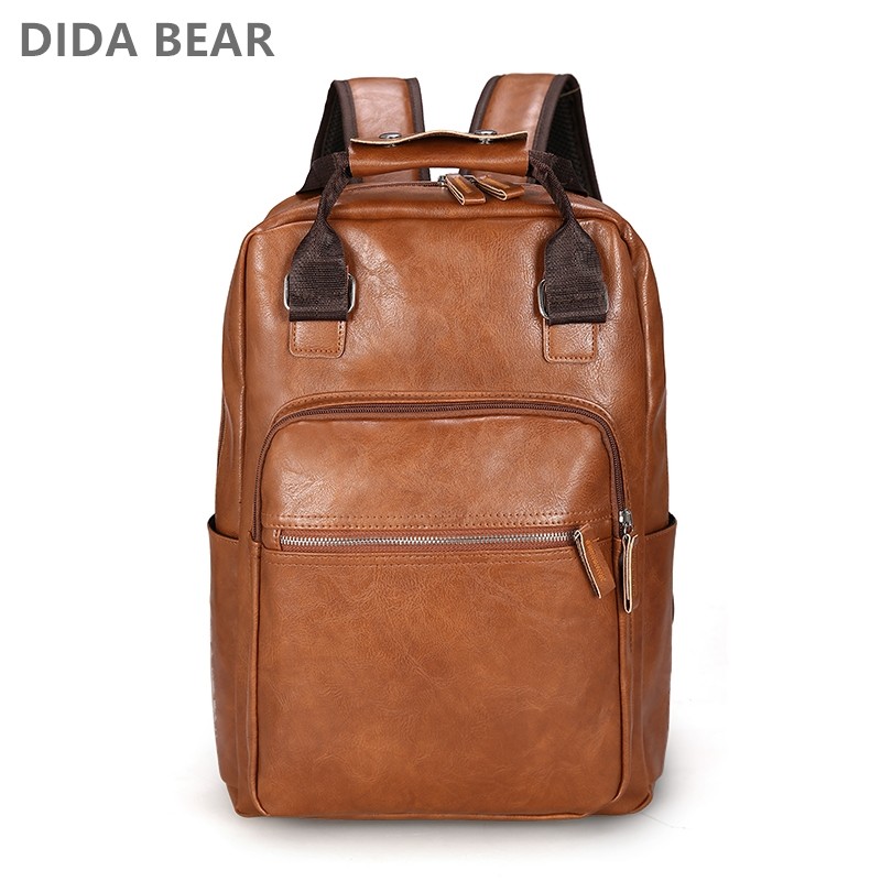 Men's PU Leather Backpack Large Laptop Backpack Casual School Bag For Teenagers Boys Brown Black