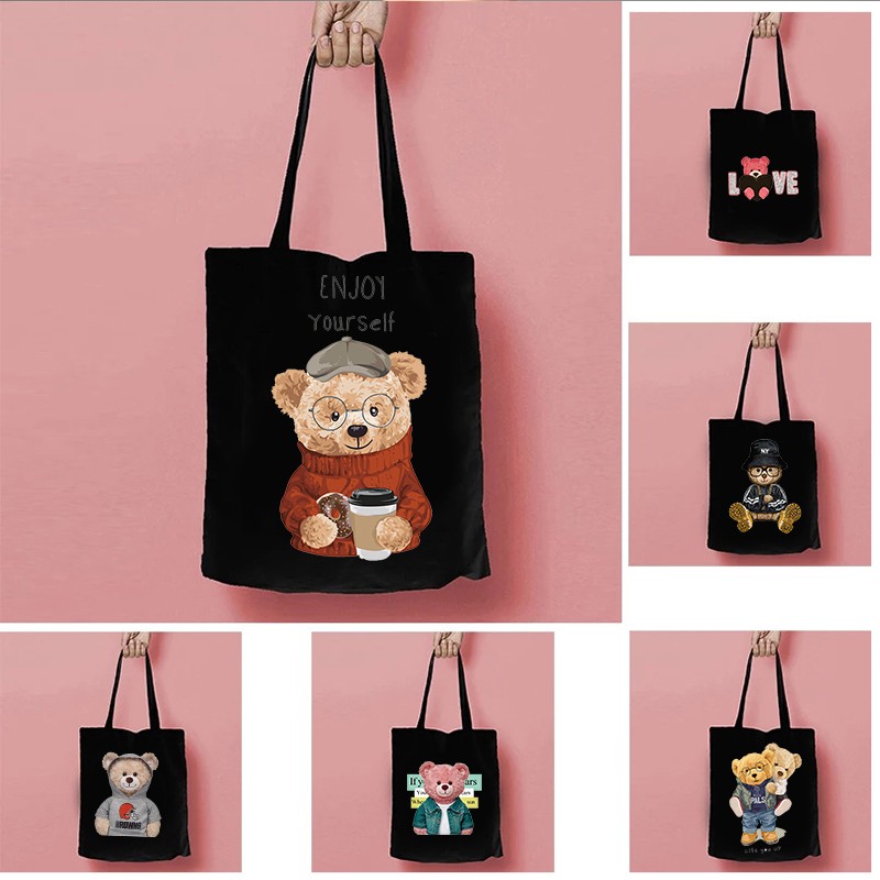 Women's Shopping Bag All-match Bear Chain Handbag Folding Reusable Canvas Shopper Harajuku Style Bag New Student Canvas Tote Bag