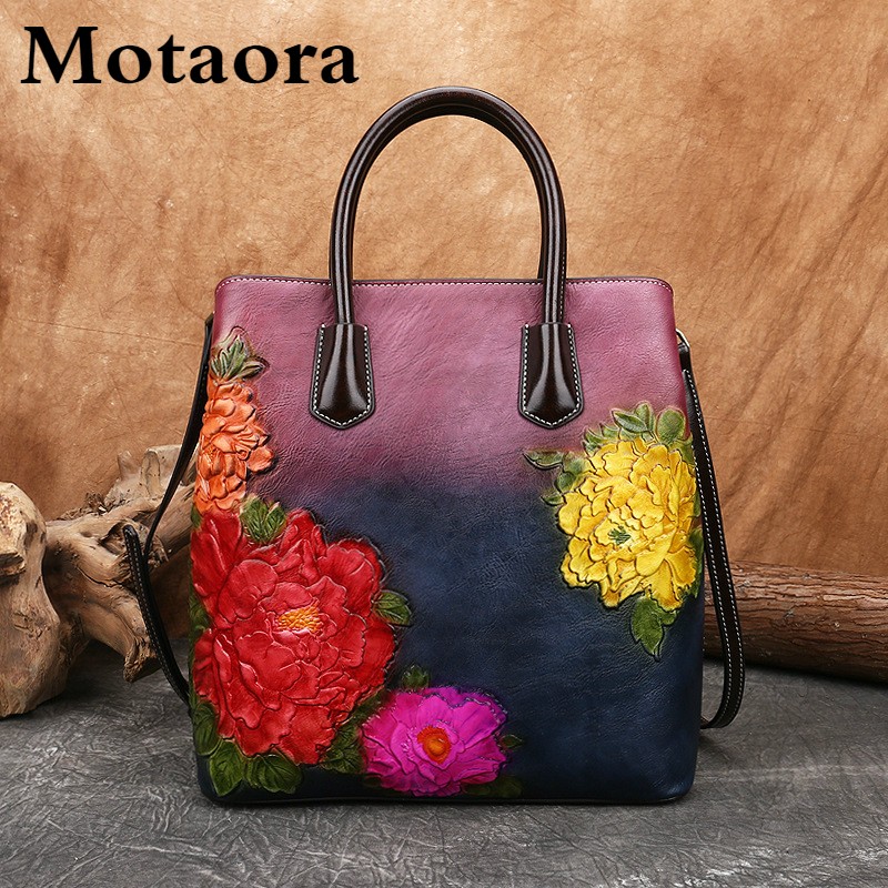 MOTAORA Retro Women Bag Vintage Bucket Shoulder Bags for Women 2022 New Handmade Embossed Leather Handbag Floral Tote Bag Female