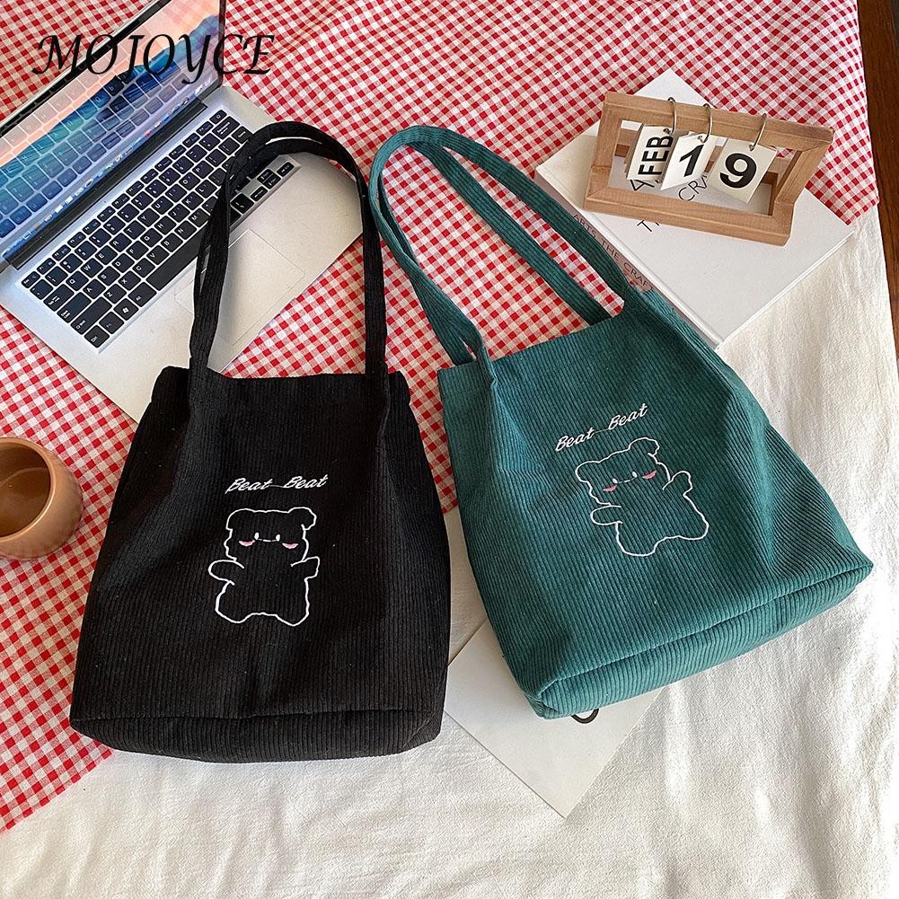 Retro female shoulder bag creative bear print design casual corduroy shoulder bag women large capacity bags