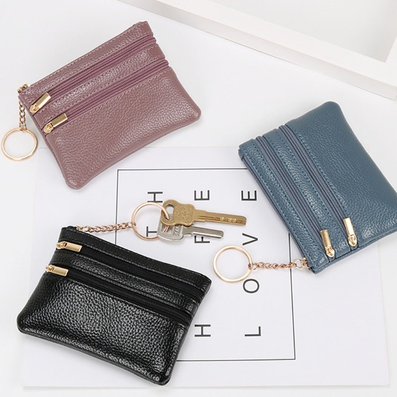 Women PU Leather Mini Coin Purse Three Zippers Card Key Holder Money Bag Female Girls Solid Color Mini Clutch With Keyring