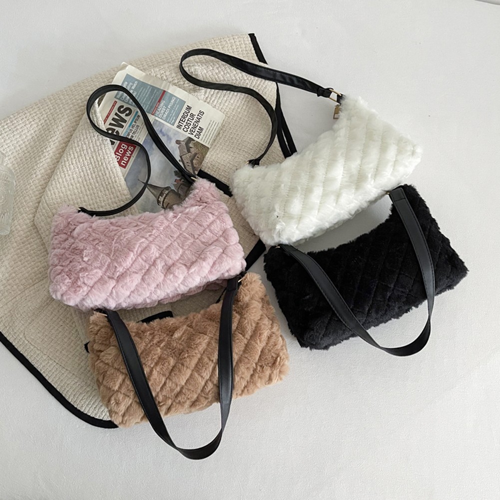 Women Fashion Plush Faux Fur Bag Diamond Lattice Shoulder Bag Autumn Winter Zipper Cloud Pure Color Brand Designer Handbags