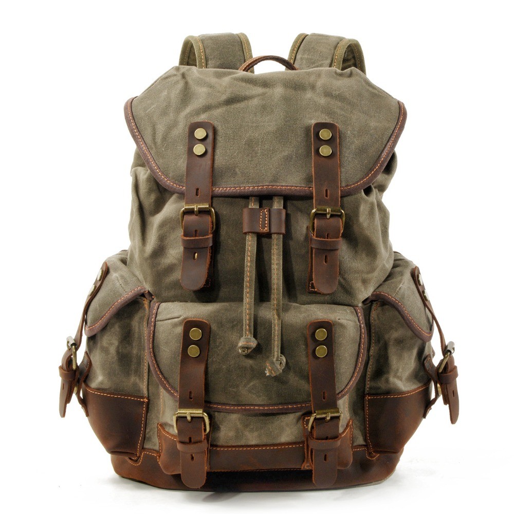 Men's Leather Backpack Large Capacity Tarpaulin Vintage Backpack For School Hiking Travel
