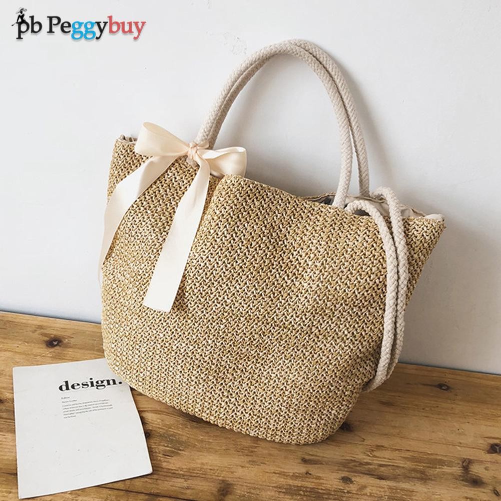 Women's handmade woven straw bag shoulder bag with bow large capacity rattan handle bag female summer beach casual handbag