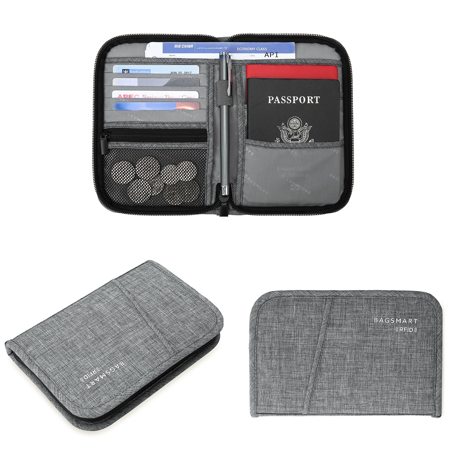 BAGSMART Waterproof Anti-theft Passport Holder Travel Wallet Large Credit Card Wallets Travel Accessories Organizer Bag Gray