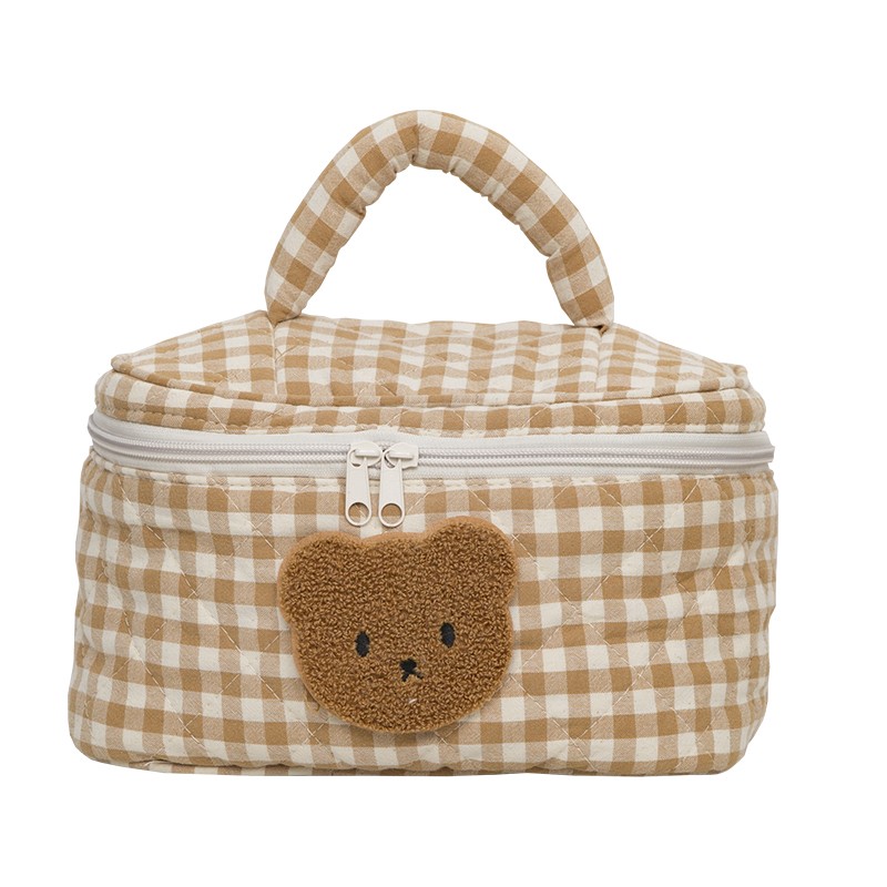 Cute Khaki Bear Makeup Bag Large Capacity Portable Cosmetic Bags Zipper Pure Cotton Plaid Brushes Pouch Case For Women Girls