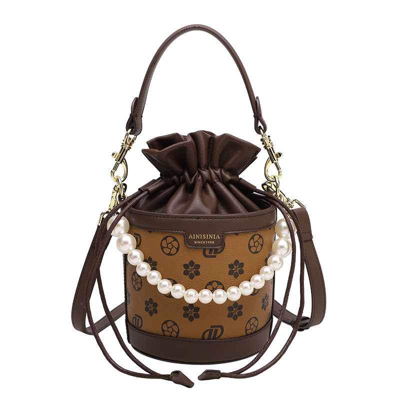 2022 new woman pearl bucket bag leather bags fashion shoulder bag luxury brand woman flower color crossbody handbag