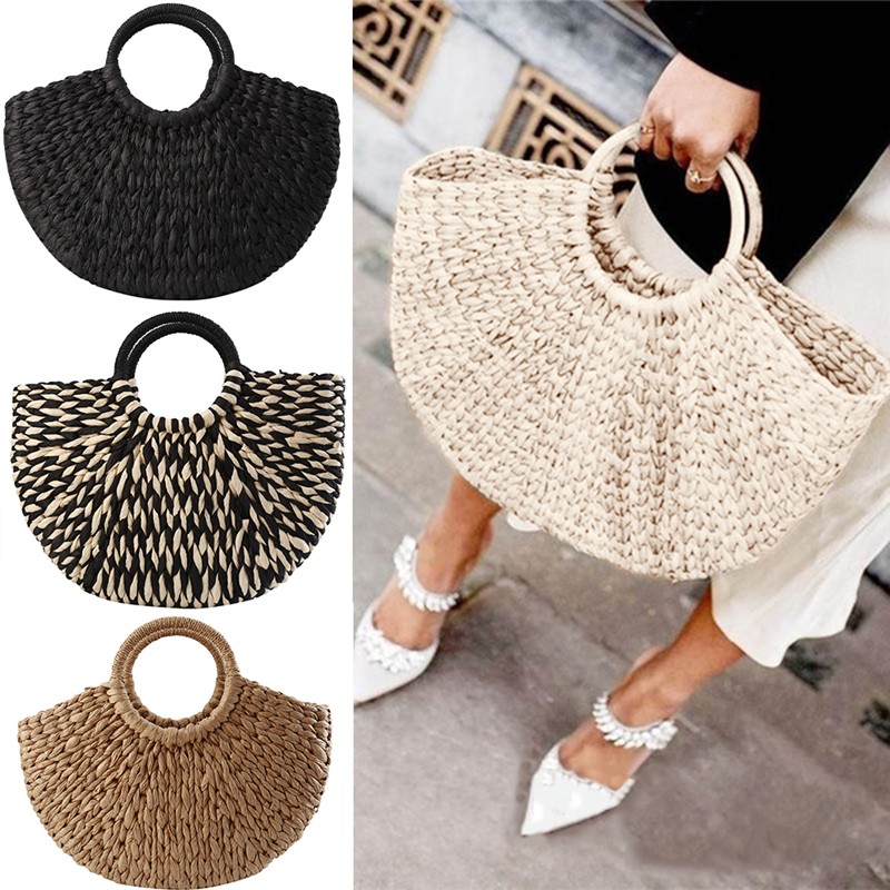 Women's handbag elegant rattan wicker straw woven half round bag large capacity casual travel bags