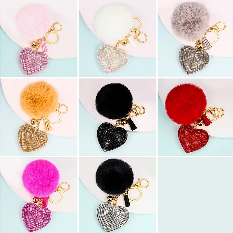 Rhinestone Pompom Heart Keychain Ladies Bag Hanging Room Car Pendant Decoration