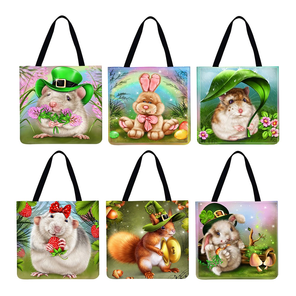 Fashionable Ladies Hamster Shoulder Shopping Bag Linen Printing Pattern Eco-friendly Tote Large Capacity Handbags