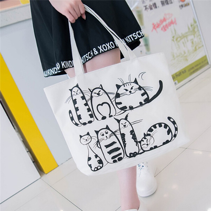 Women's Shopping Bag Cat Cartoon Printed Shoulder Bag Women Large Capacity Canvas Beach Bag Tote Ladies Shopping Bags