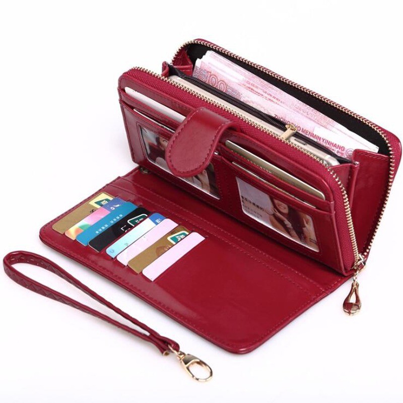 Leather Women Long Zipper Oil Wax Wallet Large Capacity Zipper Clip Wallet Ladies Long Wristlet Clutch Coin Card Holder Portomonee