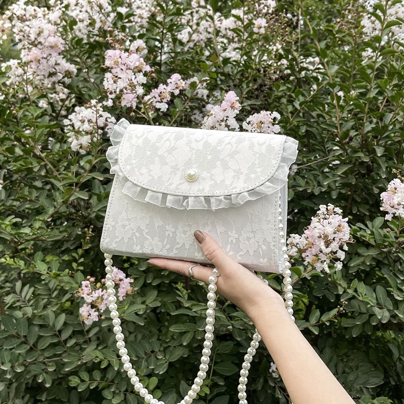 Retro Crossbody Bags for Women Vintage Lace Pearl Chain Ladies Small Square Shoulder Bag Female Clutch Purse Bags Sac Femme