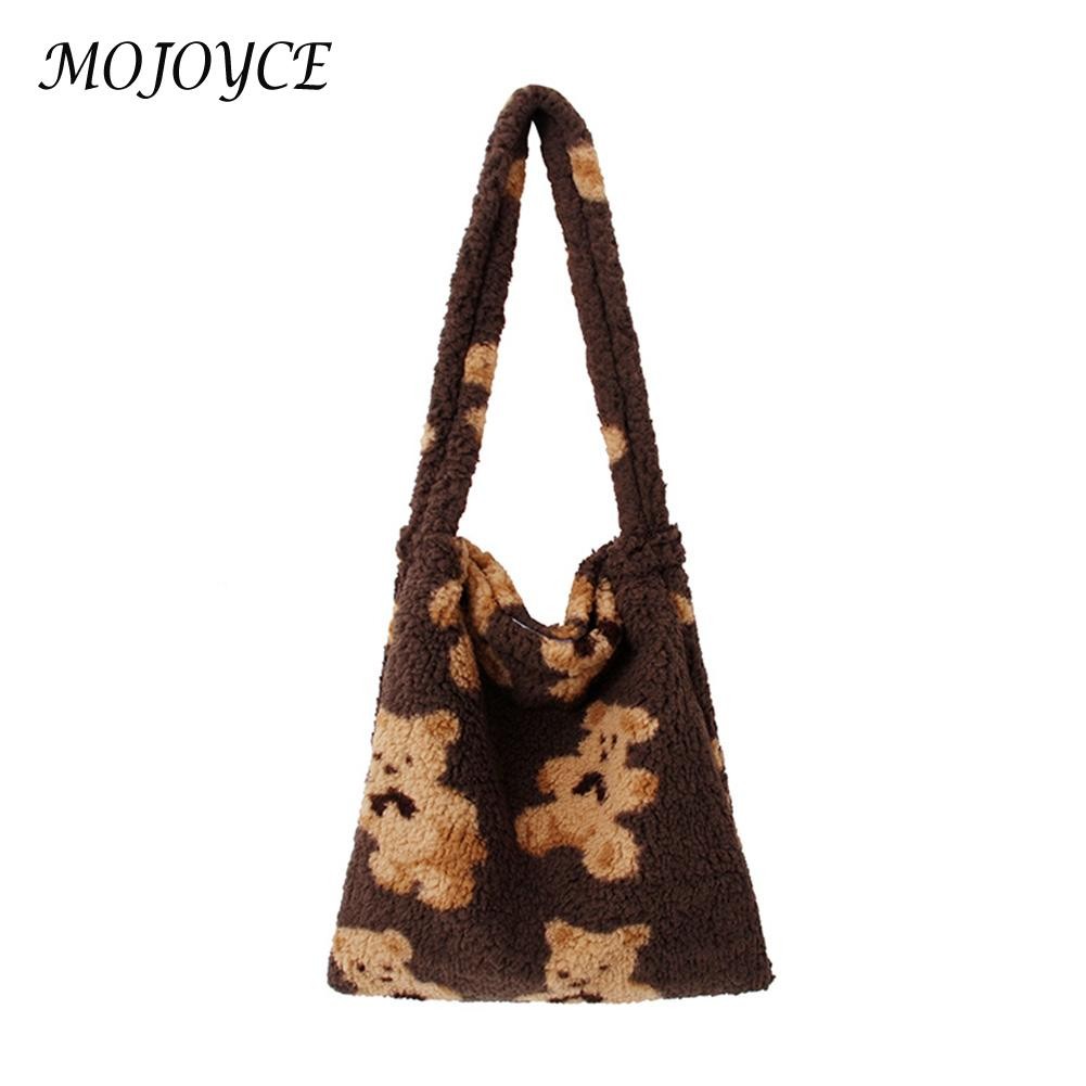 Elegant Women Shoulder Bags Women Autumn Winter Cartoon Bear Print Underarm Bag Warm Plush Tote Decorative Handbag