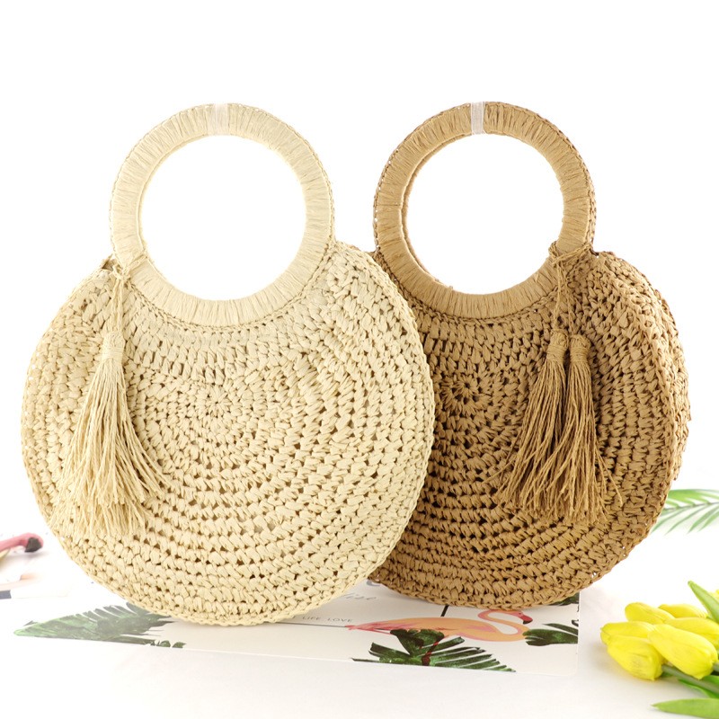 Rattan straw summer women's bag fashion woven circular ladies large capacity travel woman luxury handmade fashion handbag